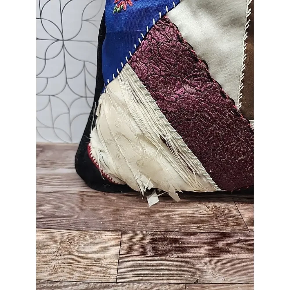 Antique VICTORIAN CRAZY QUILT PILLOW Velvets Old Home Week 1899 Veteran Firemen